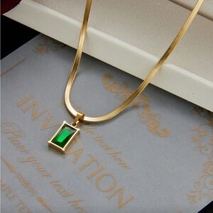 Gold Plated Necklace with Emerald Green Rectangular Pendant